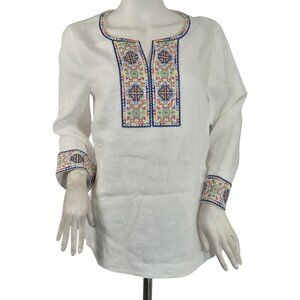 John Mark size XL White Linen Tunic Top With Colorful Embroidery Accents For Wom